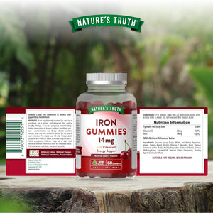 Iron Gummies with Vitamin C | 14Mg High Strength Iron Supplement | Natural Cherry Flavour | 60 Gummies | Vegan | for Men & Women | Nature'S Truth