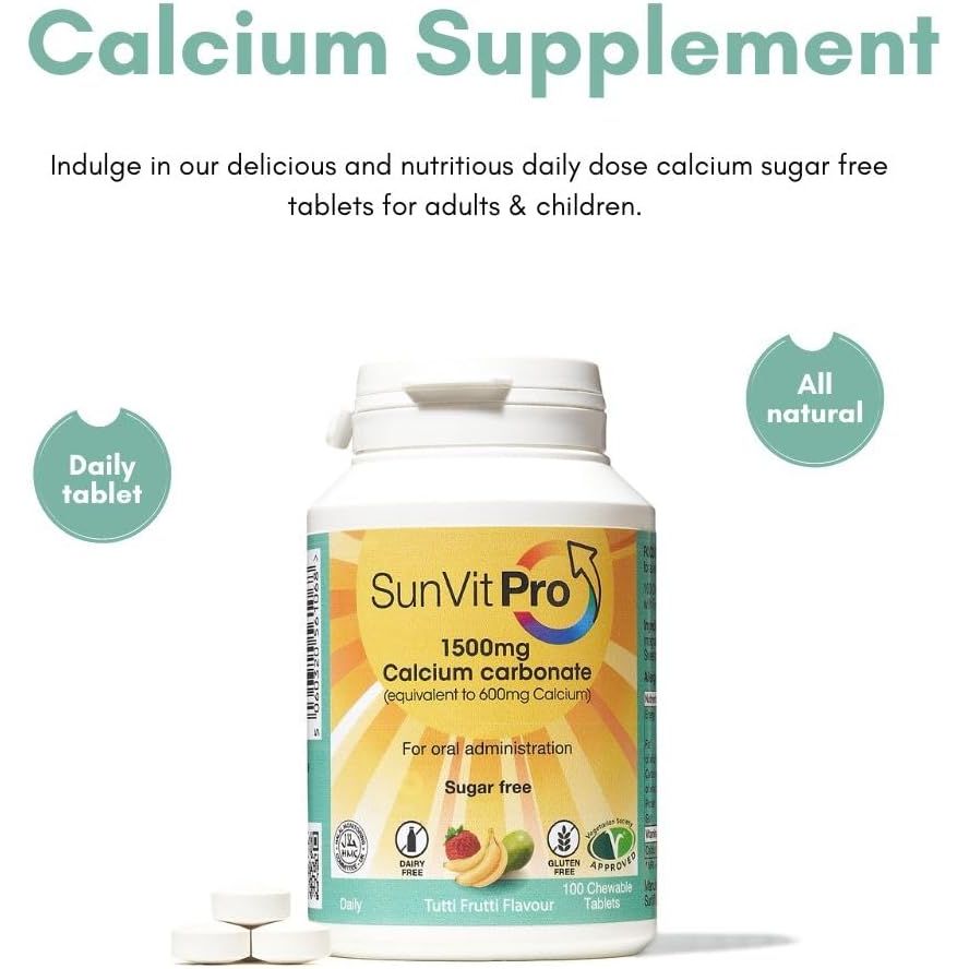 Sunvit-Pro Calcium Carbonate Tablets 600Mg Tutti Frutti Flavor - Calcium Supplements for Women & Men Supports Heart, Bones, Joint & Digestive Health - Gluten Free 100 Chewable Tablets