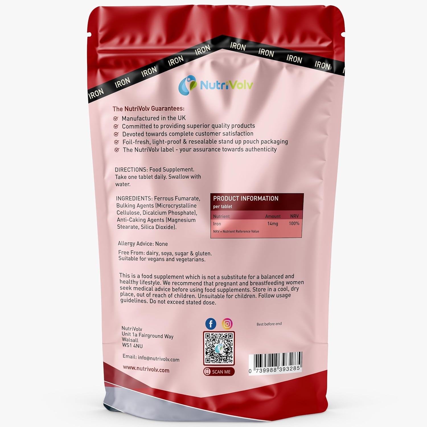 Iron Tablets High Strength 14Mg | 365 Count | 12 Months Supply | Vegan Iron Supplements for Women and Men | Ferrous Fumarate Energy | Reduces Tiredness and Fatigue | UK Made Vitamin