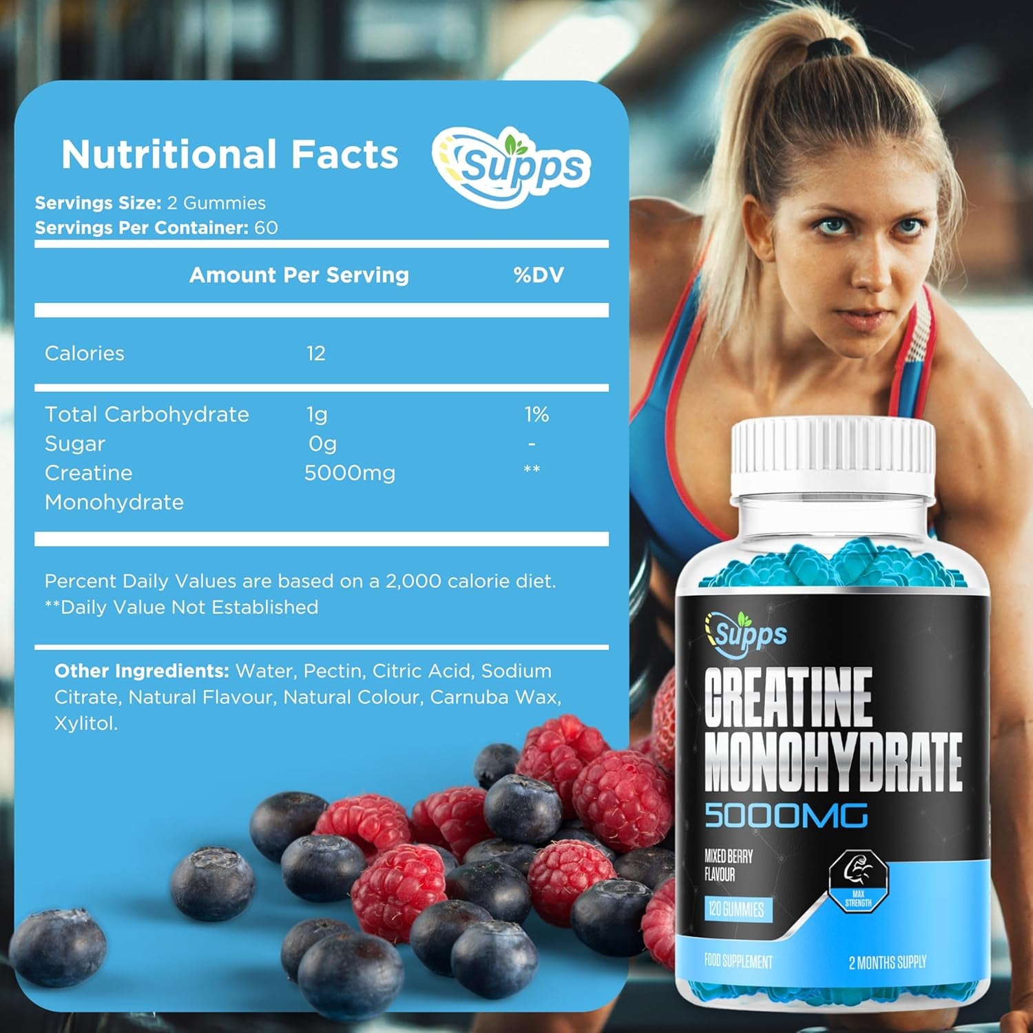 Creatine Gummies 5000Mg 120 Gummies Max Strength Muscle Growth/Recovery Supplements for Men & Women Creatine Monohydrate, Vegan Gym Pre Workout Chewable Gummies, 2 Month Supply (Mixed Berry)
