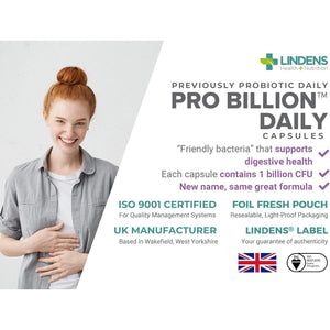 Lindens - Pro Billion Daily - Acidophilus Lactobacillus - 120 Capsules - UK Made - 1 Billion CFU Friendly Bacteria - Supports Digestive Health - Vegan Friendly - GMP & Letterbox Friendly