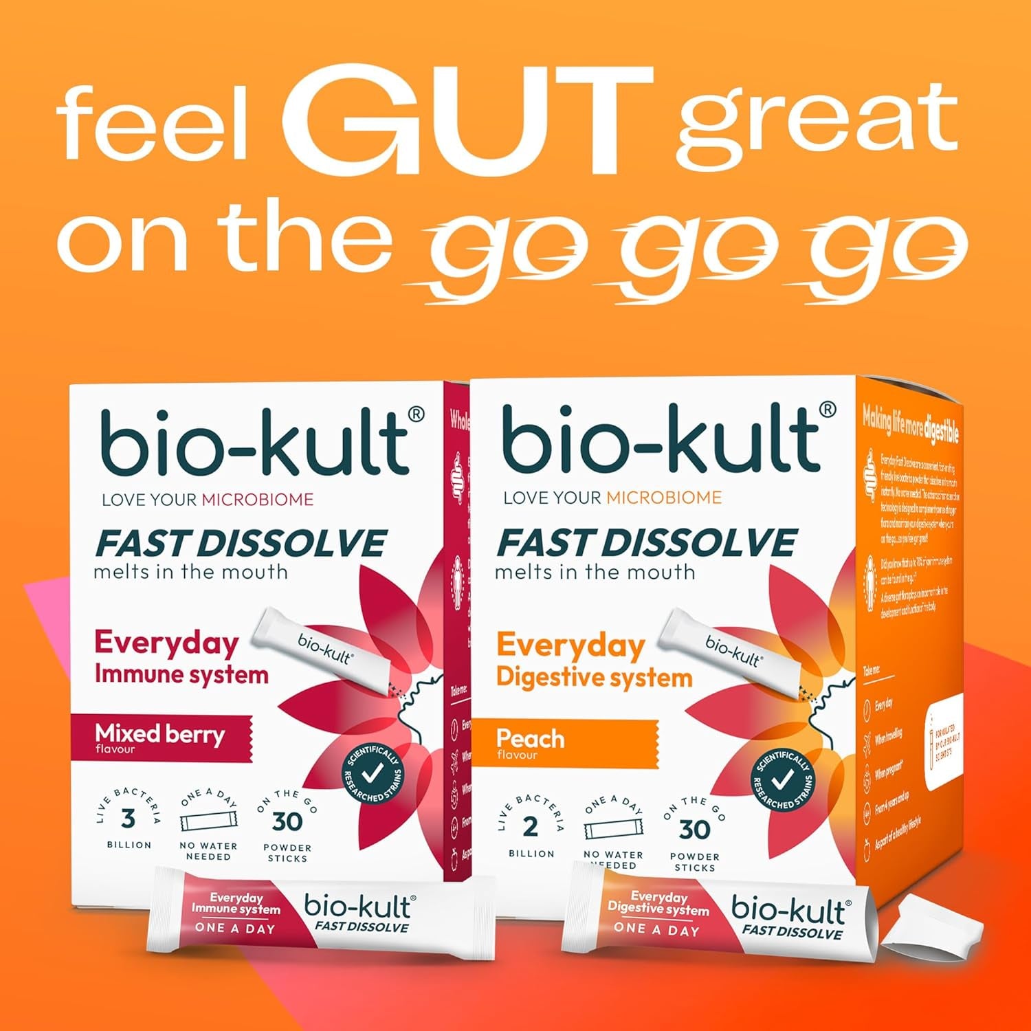 Bio-Kult Everyday Fast Dissolves Powder for Gut Health | 3B CFU + Vitamins C & D | Daily Digestive Support | Peach Flavour | 30 Sachets