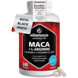 Maca Root Capsules for Women and Men with L-Arginine, B6, B12 and Zinc - Hormonal Balance, Anti-Stress, Energy Booster - 240 Capsules for 2 Months - Organic Supplement, German Quality- Vitamaze