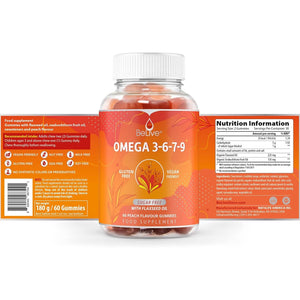 Belive Omega 3 Gummies with Omegas 6, 7, 9, DHA & EPA from Flaxseed Oil and Sea Buckthorn Fruit Oil - Sugar-Free, Supports Brain, Heart, Eye & Immune System, Supplements for Kids & Adults (60 CT) (1)
