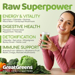 Greatgreens - Organic Greens Powder - Large 300G Blend 40 Raw Superfoods - Greens, Vegetables, Super Fruits, Berries, Sprouts and Mushrooms - High Fibre Vegan Daily Juice Smoothie Drink - 30 Servings