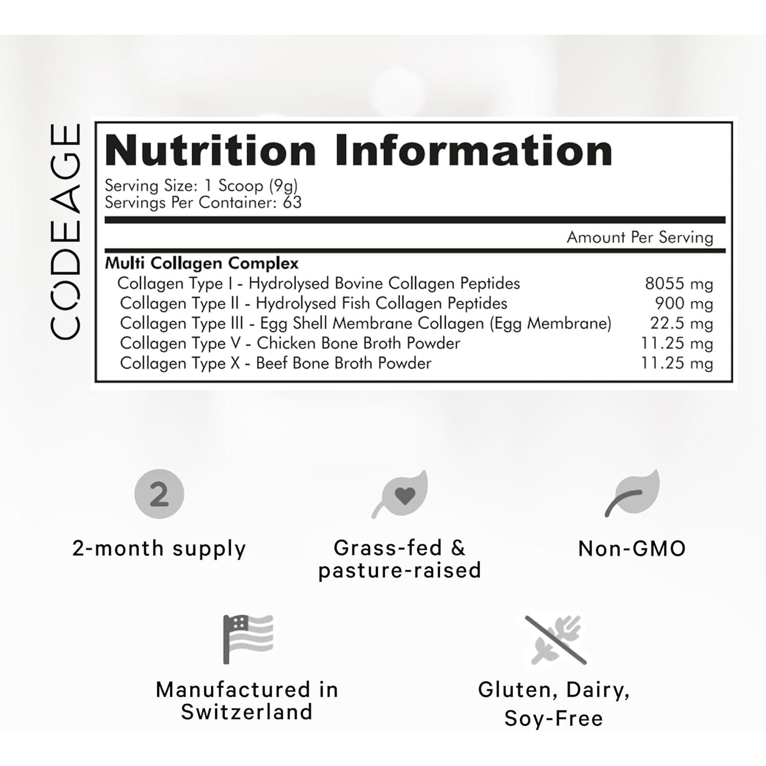Codeage Multi Collagen Protein Powder Peptides, 2-Month Supply, Hydrolyzed, Type I, II, III, V, X Grass Fed All in One Super Bone Broth Collagen Supplement, Non-Gmo, 567 Grams