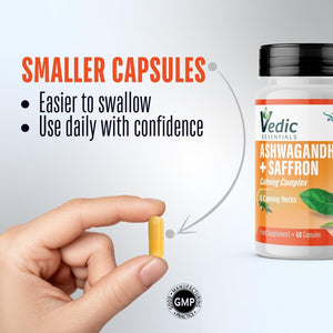 Vedic Ashwagandha-Saffron Calming Complex | 6 Calming Herbs Blend- Ashwagandha Boosted with Saffron, Chamomile, Hops, Inositol & Schisandra Berry | High Strength 2290Mg | Premium, Vegan, 60 Capsules