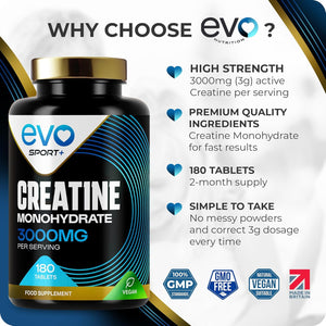EVO NUTRITION Creatine Monohydrate Tablets 3000Mg - 180 Creatine Tablets | Unflavoured Gym Supplement & Powder Alternative for Men & Women | Muscle Mass & Exercise Recovery | Vegan, Keto & Made in UK