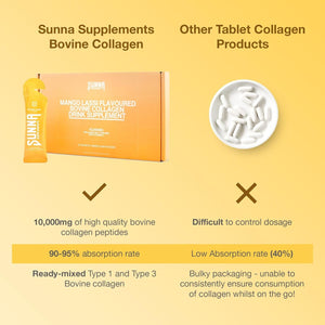 SUNNA SUPPLEMENTS - Halal Mango Lassi Collagen Drink with Vitamin C - 10000 Mg Liquid Bovine Collagen Peptides for Women and Men - Hydrolysed Formula Suitable for Everyone - 14 Sachets (35Ml Each)