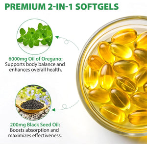 Wild Oil of Oregano Softgels 2 In1 6,000 Mg Oregano Oil with Black Seed 120 Softgels Easy to Swallow for Enhancing Immune System & Bone Health