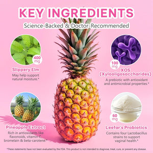 Vaginal Probiotics Gummies for Women, Premium Feminine Balance Gummies with Slippery Elm for Vaginal Health Support, Ph Balance & Intimate Comfort - Pineapple Flavour Vegan, 60 Pcs