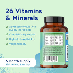 Multivitamins & Minerals - 180 Vegan Multivitamin Tablets for Men and Women - 26 Essential Active Vitamins & Minerals with Vitamin D, B12, VIT C, Magnesium and Zinc - Made in the UK - Alpha Foods