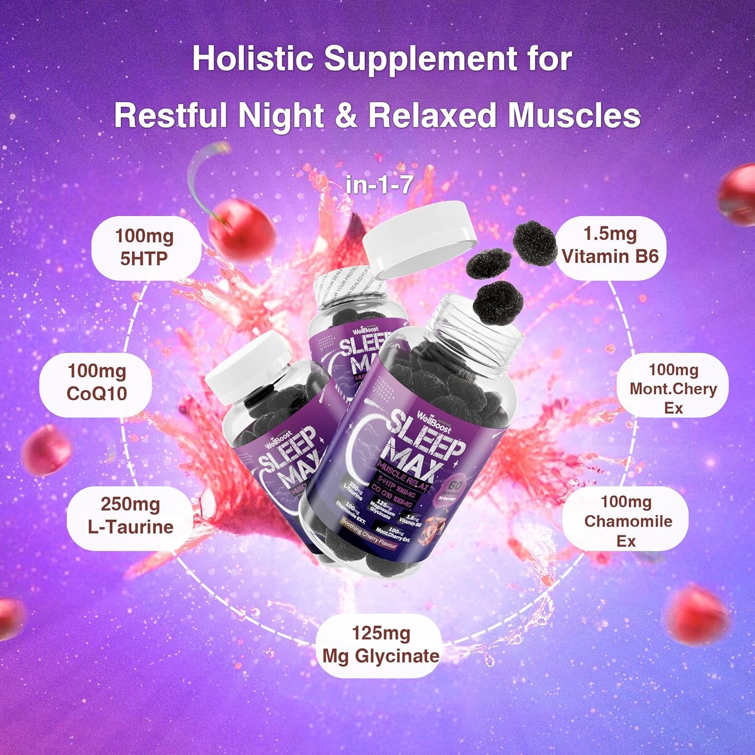 Wellboost Sleep Max Gummies – 5-HTP, Coq10, L-Taurine, Magnesium, Chamomile, Montmorency Cherry & Vitamin B6 – Soothing Cherry Flavour – Vegan Sleep Supplement (1 Month Supply)