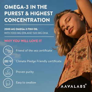 AAVALABS Omega 3 Fish Oil 2000Mg per Daily Dose (2 Softgels) - 1000Mg EPA + 500 Mg DHA per Dose - High Strength Omega 3 Fatty Acids Supplements - Molecularly Distilled - 120 Capsules - 60 Days Supply