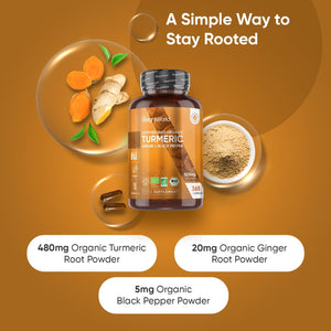 Turmeric and Black Pepper Capsules - 365 Capsules - with Organic Black Pepper - Turmeric Supplement for Both Men & Women - Easy to Swallow - Vegan & Gluten-Free - Made in EU