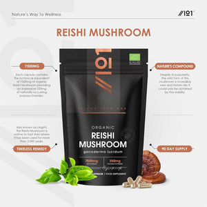 Organic Reishi Mushroom 7500Mg – 50% Polysaccharides High Strength Extract Reishi Mushroom Supplement – 90 Vegan Capsules (3 Months Supply) – by Alpha01