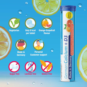 German Calcium + Vitamin D Drink Effervescent Tablets 60 Servings Orange-Grapefruit Flavour - 500 Mg Calcium, 2,5 Μg Vitamin D3 - T&D Pharma – Made in Germany