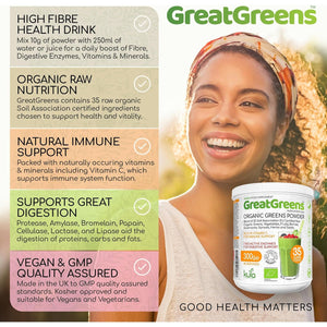 Greatgreens - Organic Greens Powder - Large 300G Blend 40 Raw Superfoods - Greens, Vegetables, Super Fruits, Berries, Sprouts and Mushrooms - High Fibre Vegan Daily Juice Smoothie Drink - 30 Servings