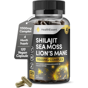 Sea Moss Shilajit Lion Mane 3 in One, with Added Ashwagandha and Black Pepper, 11500Mg Superfood Blend for Vitality & Immunity, Energy and Brain Health - 120 Vegan Capsules by Healthessent