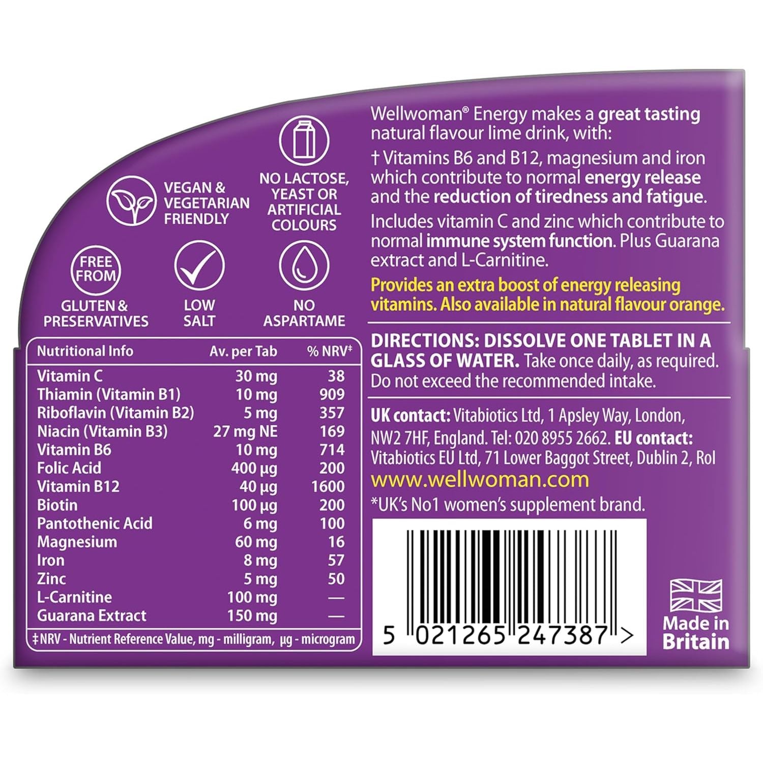 Wellwoman Energy Lime - 10 Dissolving Multivitamins Effervescent Tablets for Woman, Natural Lime Flavour