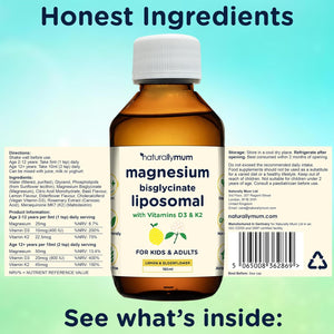 Magnesium Liposomal | with Vitamins D3 & K2 | Magnesium Bisglycinate | for Children & Adults | Highly Absorbable Liquid Supplement | Lemon & Elderflower Flavour | 30-Day Supply | 150Ml