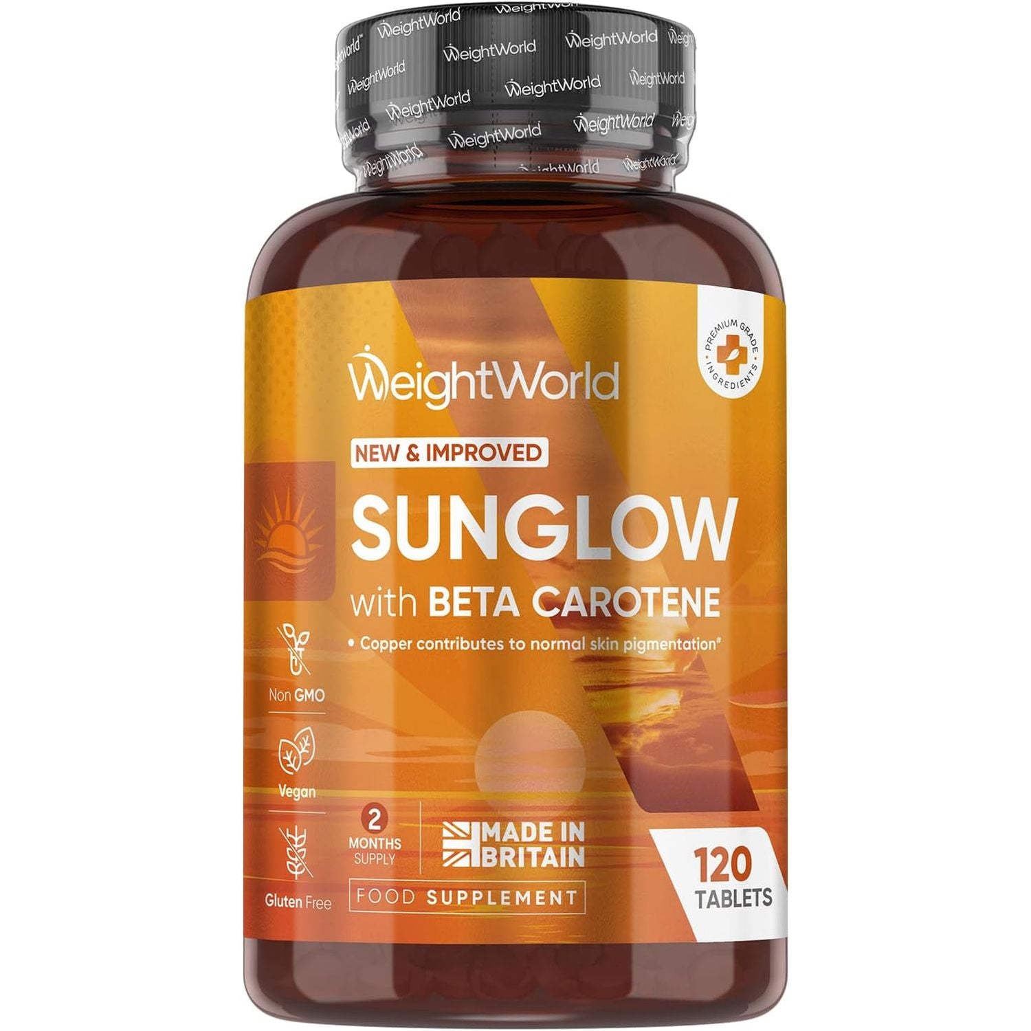 Tanning Tablets - 120 Sunglow Tablets - Beta Carotene Tanning with Vitamin B2 & B3, Zinc, Copper & Iodine - Gluten-Free & Non-Gmo - Made in the UK