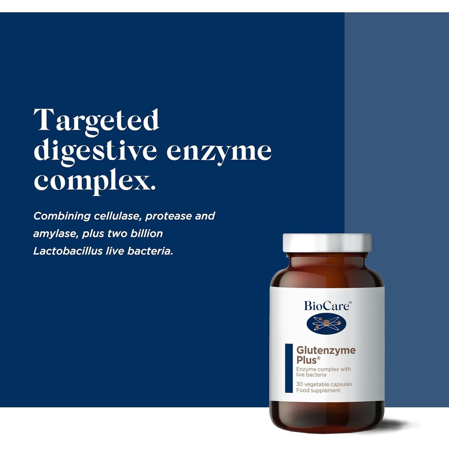 Biocare Glutenzyme plus - Enzyme Complex with Live Bacteria - Food Supplement Suitable for Vegetarians and Vegans - 30 Capsules