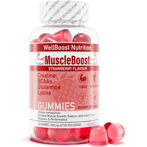 Muscleboost Gummies – Creatine, Bcaas, Glutamine & Lysine – Muscle Growth, Recovery & Endurance Support – Vegan, Sugar-Free, Strawberry Flavour – 60 Chewable Gummies for Adults