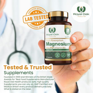 Magnesium Bisglycinate 200Mg plus P5P Vitamin B6 X120 Capsules | Advanced Chelated Formula for Optimal Absorption 200Mg of High Strength Elemental Magnesium - Vegan & UK Made by Royal Oak Health