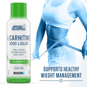 Applied Nutrition L Carnitine 3000 Liquid - L-Carnitine with Green Tea & Vitamin C, Boosts Energy & Weight Management, Vegan (480Ml - 32 Servings) (Sour Apple)