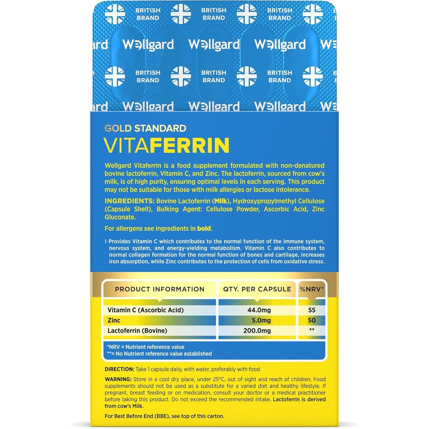 Wellgard Vitaferrin – Triple Action Immune Supplement Colostrum Lactoferrin, Zinc & Vitamin C, Immunity Supplement, 30 Capsules