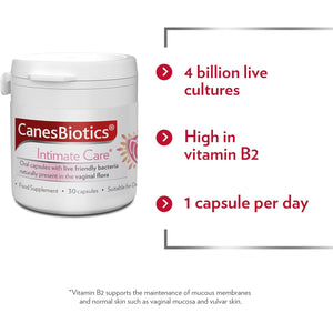 Canesten Canesbiotics, Oral Capsules with Live Friendly Bacteria Naturally Present in the Vaginal Flora, 4 Billion Live Cultures, Vitamin B2, Food Supplement, 30 Capsules