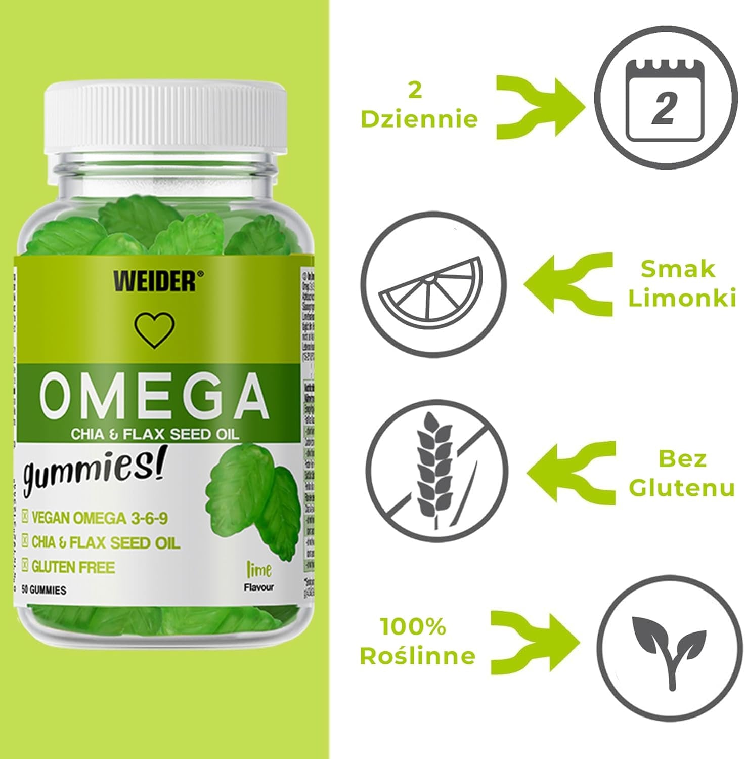 Weider Omega Gummies (50 Gums) Lime Flavour, with Vegan Omega 3-6-9 from Chia and Lax Seed Oil, Gluten Free, No Added Sugar