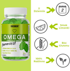 Weider Omega Gummies (50 Gums) Lime Flavour, with Vegan Omega 3-6-9 from Chia and Lax Seed Oil, Gluten Free, No Added Sugar