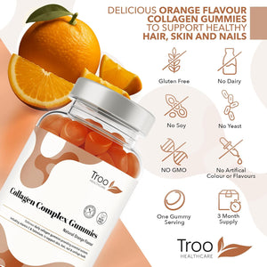 Troo Health Care Collagen Complex - 90 Natural Orange Gummies - One per Day Hydrolysed Collagen with Biotin, Vitamin C & Selenium - Three Months Supply – Healthy Skin & Hair for Men & Women