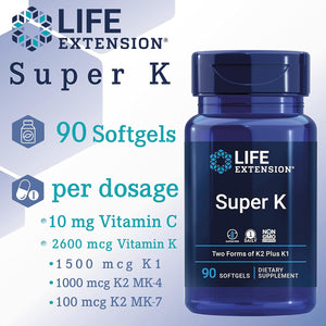 Life Extension, Super K, Vitamin K-Complex with MK-7, Depot, High Dose, 90 Softgels, Laboratory Tested, Gluten-Free, Soya-Free, Non-Gmo, 2.600Mcg Vitamin K