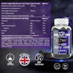 Wellboost Shilajit Max Gummies – 200Mg Shilajit, 40Mg Ashwagandha, 2Mg Vitamin B6 – Vegan Elderberry Flavour – Energy, Vitality & Well-Being Support for Adults (1 Month Supply).