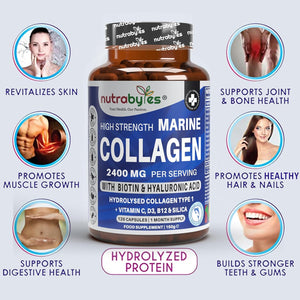 High Strength Marine Collagen 2400Mg with Hyaluronic Acid 100Mg, Biotin, Vitamin C, D3, B12 and Silica - 120 Capsules - High Strength Hydrolysed Marine Collagen for Men and Women, Made in UK