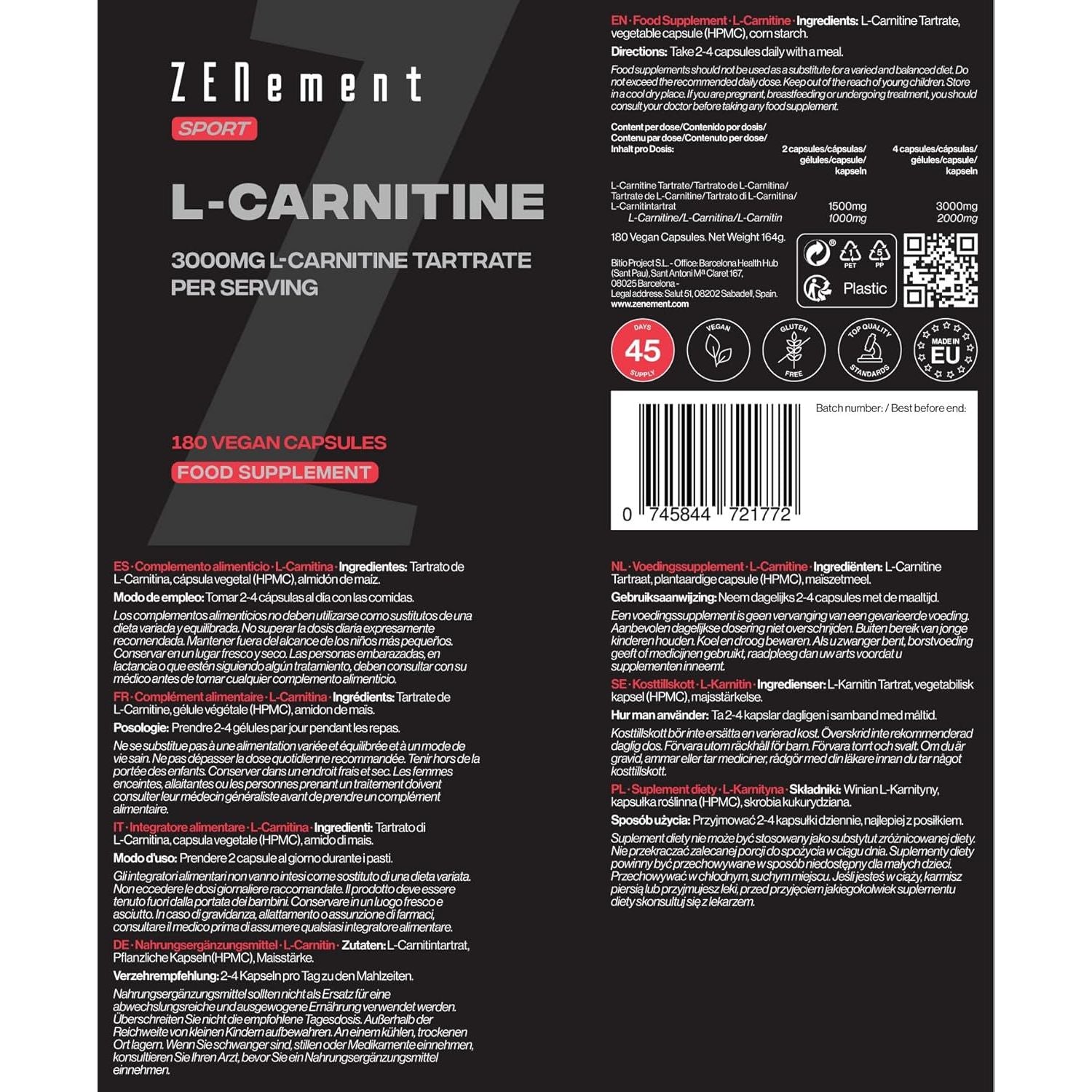 L-Carnitine 3000 Mg – 180 High-Dosage Capsules – for an Active Lifestyle – Vegan Capsules, Free from Gluten, Lactose & Soy – Sports Supplement – Zenement