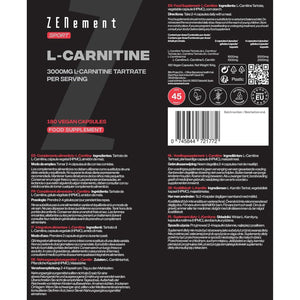 L-Carnitine 3000 Mg – 180 High-Dosage Capsules – for an Active Lifestyle – Vegan Capsules, Free from Gluten, Lactose & Soy – Sports Supplement – Zenement