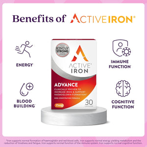 Active Iron Advance Supplement 25 Mg, Non Constipating, Clinically Proven to Increase Iron Levels, Fights Tiredness & Fatigue, 30 Capsules, 1 Month Supply