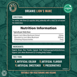 Organic Lions Mane Supplement 3000Mg | High Strength Mushroom Supplement | from Fruit Body | 90 Vegan Capsules | by Wiseshrooms