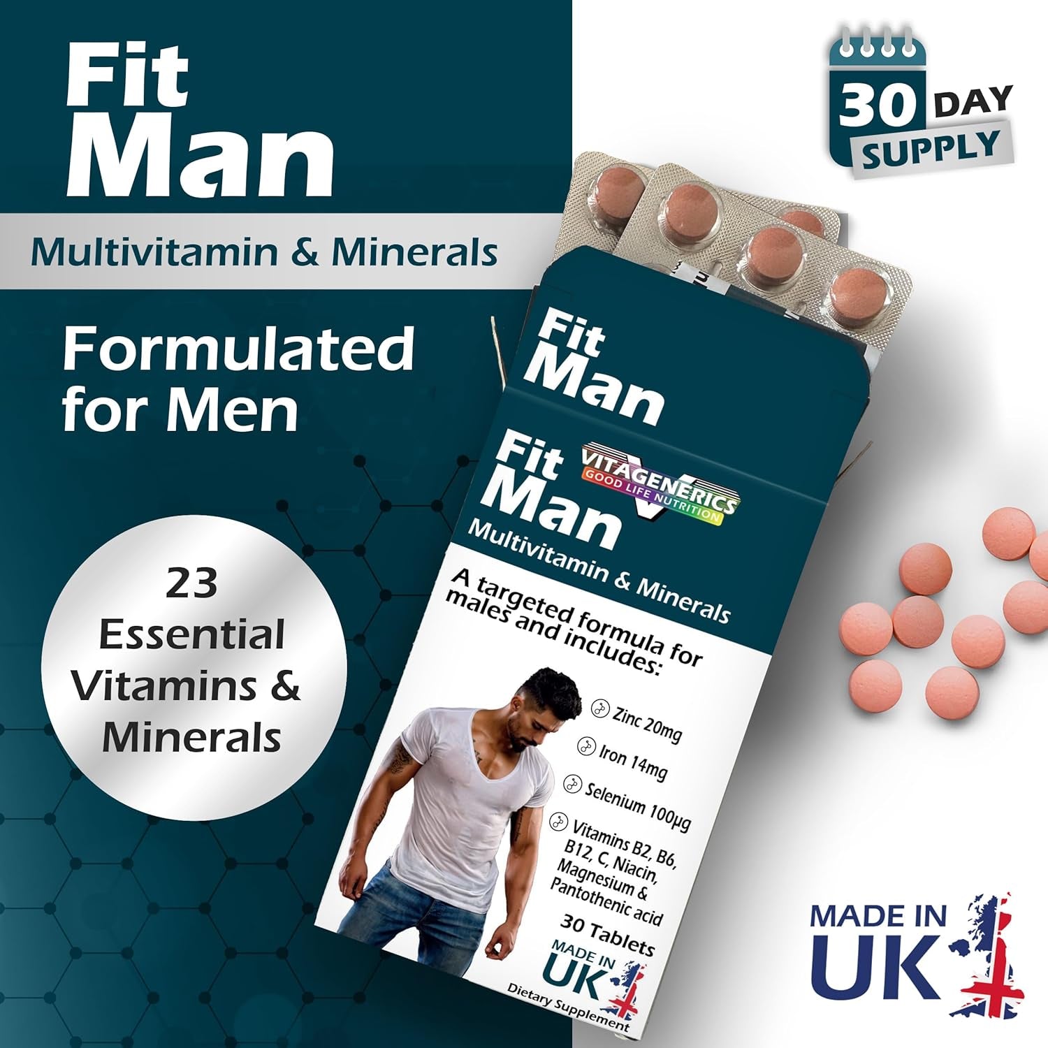 VITAGENERICS Fitman High Strength Multivitamin & Minerals | 30 Tablets| with Zinc, Iron, Biotin, Vitamin D, Magnesium, B-Complex & More! UK Made Supplement for Men