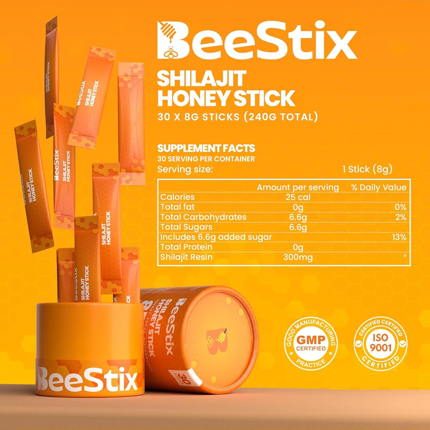 Beestix Pure Himalayan Shilajit Honey Sticks with Organic Honey & Cinnamon | 85+ Trace Minerals for Energy, Focus & Performance Support for Men & Women | 75%+ Fulvic Acid | 30 Sticks