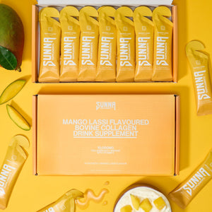 SUNNA SUPPLEMENTS - Halal Mango Lassi Collagen Drink with Vitamin C - 10000 Mg Liquid Bovine Collagen Peptides for Women and Men - Hydrolysed Formula Suitable for Everyone - 14 Sachets (35Ml Each)
