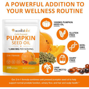 Pumpkin Seed Oil Capsules 1000Mg per Serving - 300 Softgels for Hair & Urinary Support - 2-In-1 Formula, Rich in Zinc & Omega Fatty Acids - Easy-To-Swallow, Vegan
