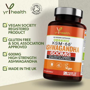 Organic Ashwagandha KSM-66 Capsules 5% Withanolides Added Organic Turmeric and Black Pepper, Certified by Soil Association, Vegan Registered Ashwagandha Powder Capsules, Made in the UK by Yrhealth