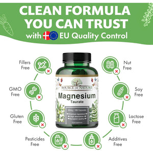 Source of Nature® | Magnesium Taurate 625Mg | 180 Capsules | 45-Day Supply | 50Mg Elemental | High Absorption | Gentle on Stomach | Lab-Tested Purity