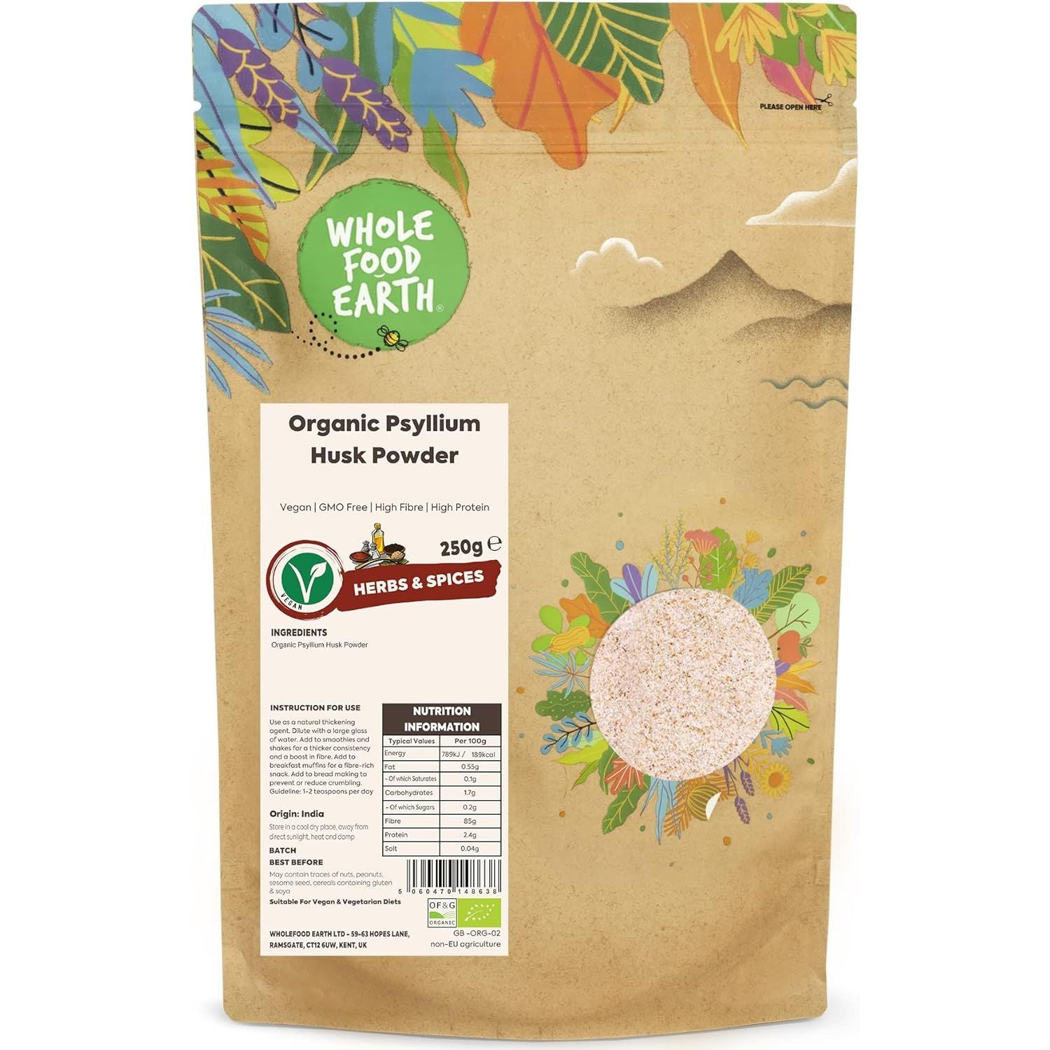 Wholefood Earth Organic Psyllium Husk Powder - 250G - High Fibre - High Protein - Certified Organic