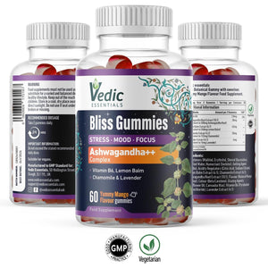 Vedic Bliss Gummies- Stress, Mood, Focus | Sugar Free Ashwagandha Gummies with Chamomile, Lemon Balm, Lavender, VIT B6 | Stress & Anxiety Gummy | High Strength Ashwagandha, Vegan, Yummy Mango Flavor